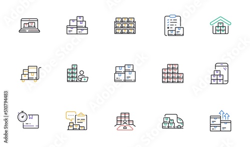 Inventory line icons. Warehouse manager, Wholesale stock, Goods checklist. Delivery logistic, Box shelf, Warehouse distribution outline icons. Wholesale freight, Storage and Inventory operator. Vector