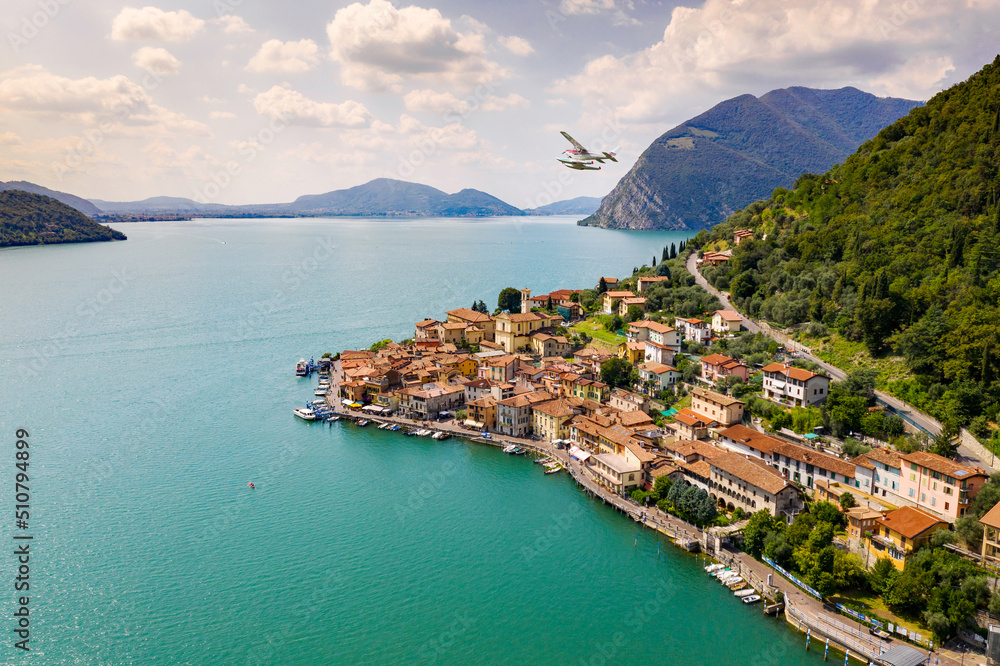Lake Iseo, Italy, Peschiera Maraglio, aerial view with seaplane