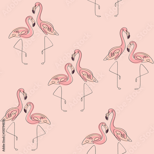 Seamless trendy pattern with flamingo. One line vector illustration for prints, clothing, packaging and postcards.