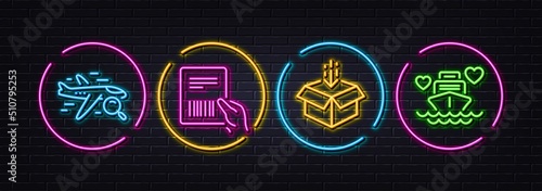 Search flight, Parcel invoice and Get box minimal line icons. Neon laser 3d lights. Honeymoon cruise icons. For web, application, printing. Find travel, Delivery document, Send package. Vector