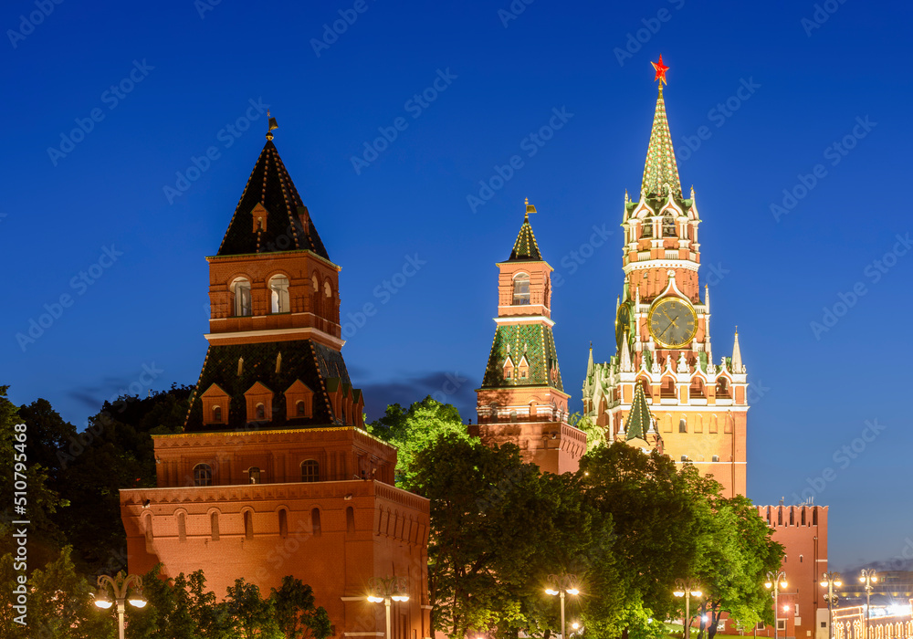 Towers of Moscow Kremlin at night, Russia