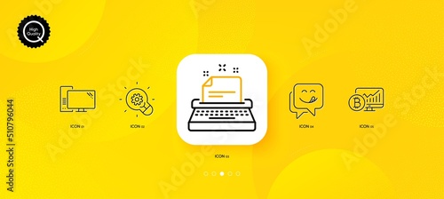Innovation, Computer and Yummy smile minimal line icons. Yellow abstract background. Typewriter, Bitcoin chart icons. For web, application, printing. Light bulb, Pc component, Emoticon. Vector