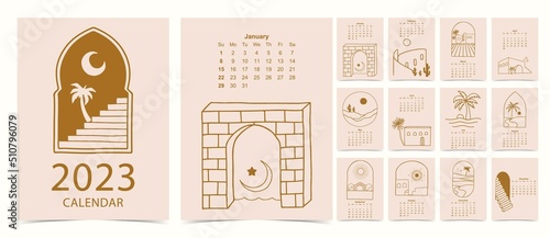 2023 table calendar week start on Sunday with arch and sun that use for vertical digital and printable A4 A5 size
