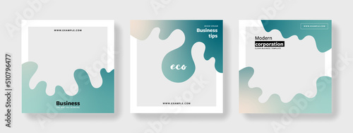 Set of three editable social media post templates with abstract curved accent. Original business banner graphics for online advert or facebook