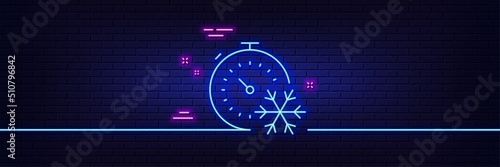 Neon light glow effect. Freezing timer line icon. AC cold temperature sign. Fridge function symbol. 3d line neon glow icon. Brick wall banner. Freezing timer outline. Vector