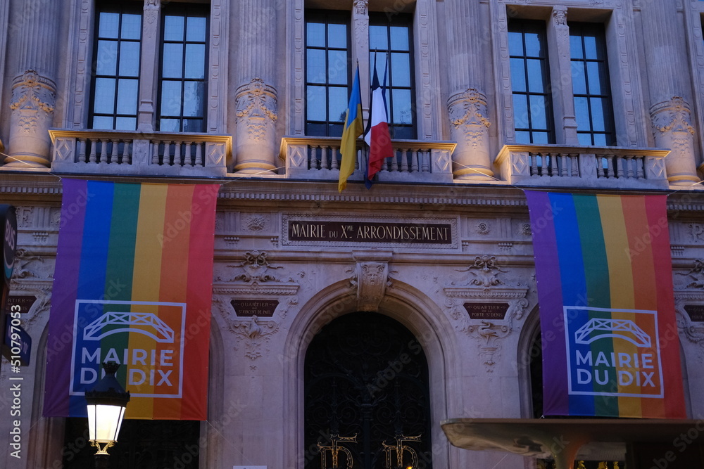 An LGBT flag on the facade of the Paris city hall of the 9th district