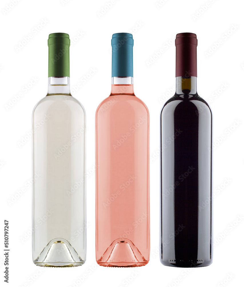 front view of rose white and red wine bottles isolated on background front view of rose white and red wine bottles isolated on background