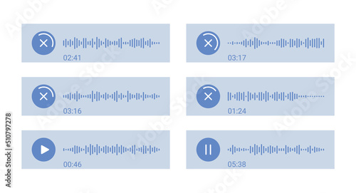 Voice message. Audio sound waves with pause icon. Social media recording chart. Podcast soundwave line. Volume equalizer with spectrum noise and button. Shape of mobile talk track. Vector illustration