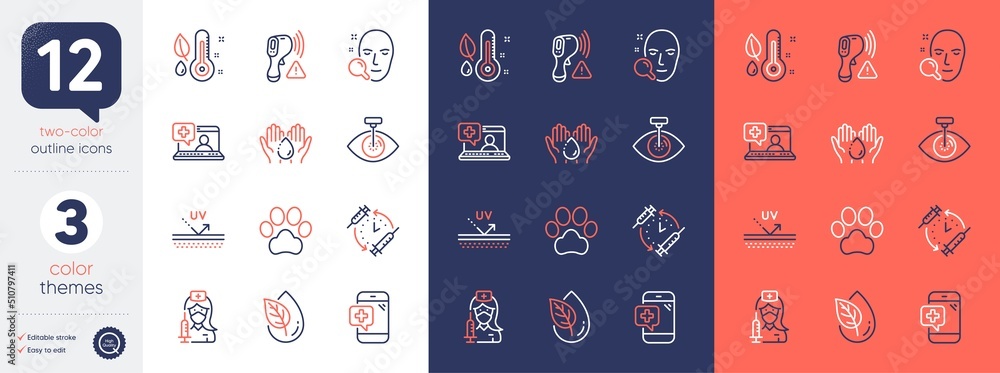Set of Medical help, Electronic thermometer and Medical phone line icons. Include Organic product, Thermometer, Vaccination icons. Face search, Uv protection, Eye laser web elements. Vector - obrazy, fototapety, plakaty 