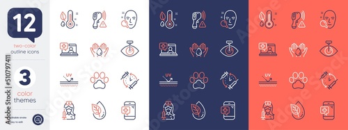 Set of Medical help, Electronic thermometer and Medical phone line icons. Include Organic product, Thermometer, Vaccination icons. Face search, Uv protection, Eye laser web elements. Vector