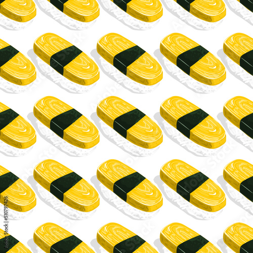 Seamless background with tamago sushi pattern. Tamago sushi. Japanese Food.