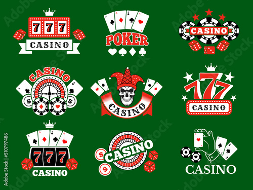 Casino badges. Poker cards and gambling game symbols stylized emblems with place for text coins icons recent vector templates