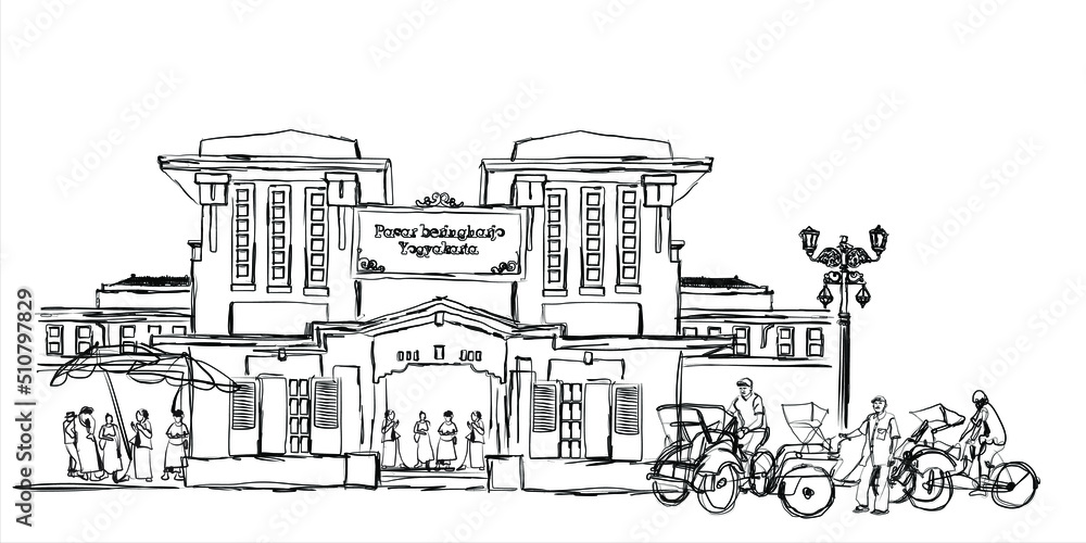 Free hand sketch of Beringharjo market, Yogyakarta city, Indonesia. vector illustration