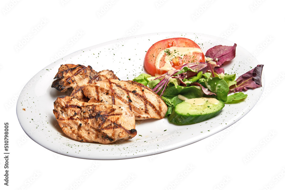 White plate with roasted chicken fillet and salad Isolated