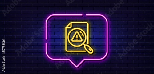 Neon light speech bubble. Search document line icon. Help book sign. Instruction manual symbol. Neon light background. Search document glow line. Brick wall banner. Vector
