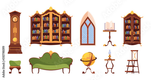 Vintage furniture. Library old wooden shelves for books cabinet tables garish vector illustrations set