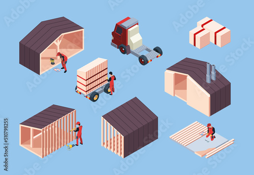 Building construction. Modular houses under construction processes garish vector isometric vehicles and buildings