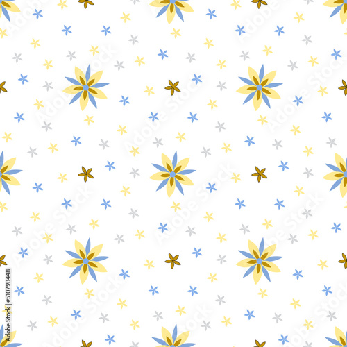 A beautiful yellow flowers seamless pattern surrounded by small colorful flowers on a yellowish white.