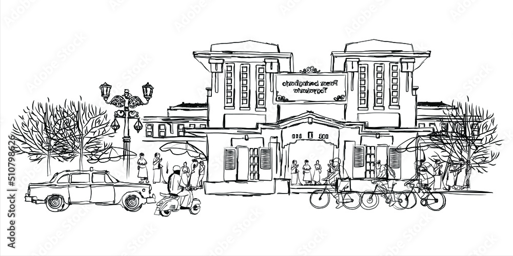Free hand sketch of Beringharjo market, Yogyakarta city, Indonesia. vector illustration