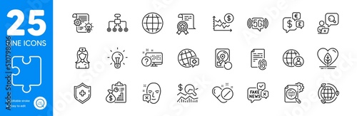 Outline icons set. Fake news, Seo stats and Cogwheel icons. Hospital nurse, Fingerprint, World medicine web elements. Medical shield, Online quiz, Medical pills signs. Outline fake news icon. Vector