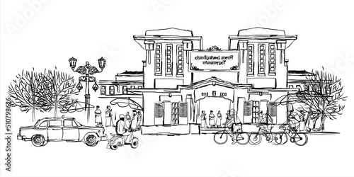 Free hand sketch of Beringharjo market, Yogyakarta city, Indonesia. vector illustration