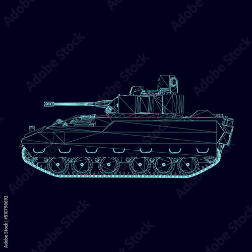 Battle tank wireframe from blue lines isolated on dark background. Side view. 3D. Vector illustration.