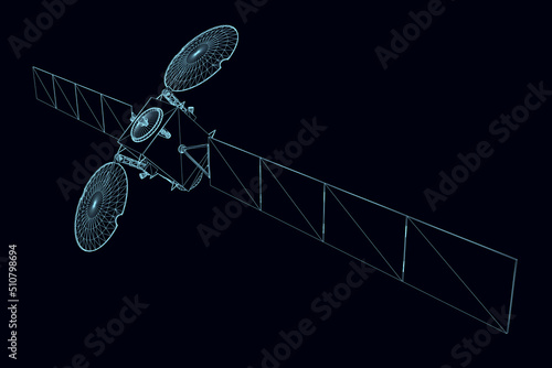 Space satellite wireframe from blue lines isolated on dark background. Perspective view. 3D. Vector illustration.