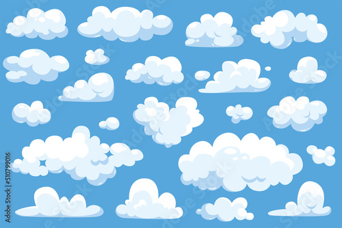 Fluffy clouds at blue sky in cartoon style set isolated elements. Bundle of curve cumulus cloudscape with different forms. Symbols for cloudy weather forecast. Vector illustration in flat design © Andrey