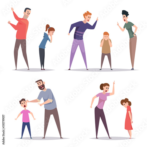 Fototapeta Naklejka Na Ścianę i Meble -  Angry parents. Family problems aggressive mother and father bad relationship quarrel scream exact vector illustrations set in cartoon style