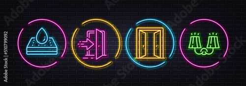 Waterproof mattress, Open door and Entrance minimal line icons. Neon laser 3d lights. Sconce light icons. For web, application, printing. Sleeping pad, Entrance, Open door. Electric lamp. Vector