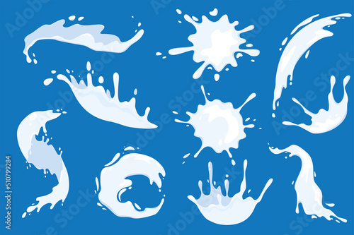 Milk splash in cartoon style set isolated elements. Bundle of fresh yogurt, cream or other dairy products, milky liquid pouring and drops in different shapes. Vector illustration in flat design