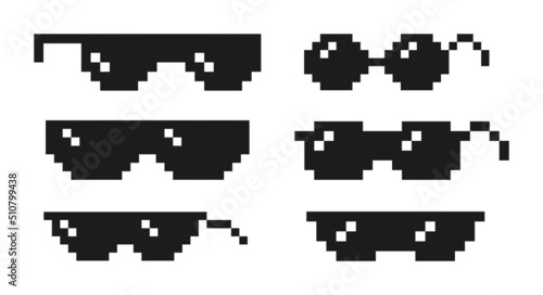 Set of gangster sunglasses. Pixelated set isolated on a white background. Vector illustration..