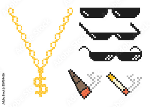 Set of pixel glasses, gold chain, cigarettes and cigars. Isolated on a white background. Vector illustration..