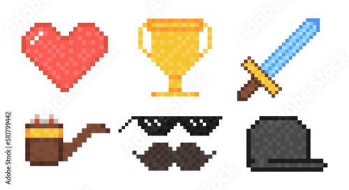 Set of pixel sword, gold cup, heart, tobacco pipe, gangster sunglasses, mustache and cap. Vector illustration..
