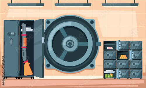 Bank interior. Inside vault with cash and gold safe room deposit dollar bills garish vector cartoon background