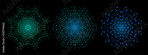 Set of Colorful Bright Lattice Shape, Molecular Structure with Thin Lines and Dots. Mandala. Fractal.