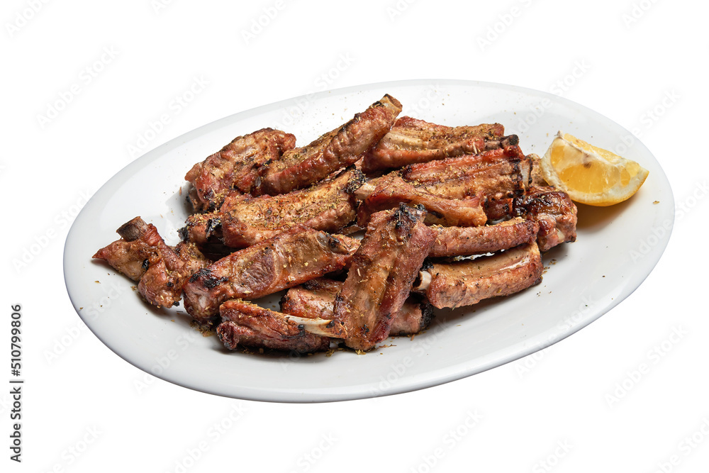 White plate with Spare ribs and lemon Isolated