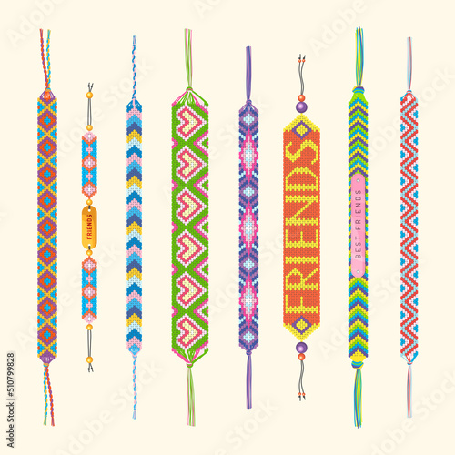 Bracelet friendship. Ethnic handmade jewellery connected symbols wristband recent vector colored templates collection