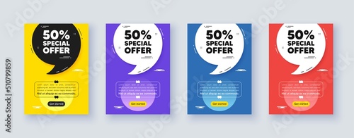 Poster frame with quote, comma. 50 percent discount offer tag. Sale price promo sign. Special offer symbol. Quotation offer bubble. Discount message. Vector