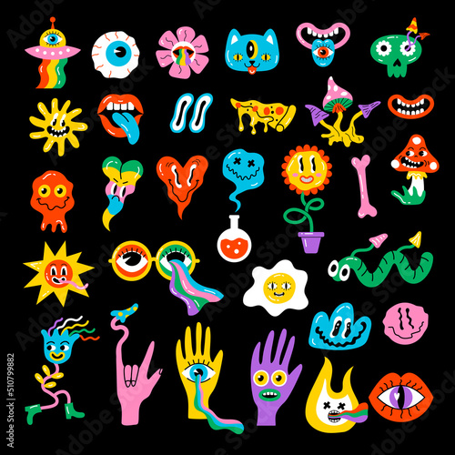 Hippy stickers. Neon psychedelic funny badges happy hallucination elements faces emoji mushrooms recent vector pictures set