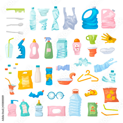 Plastic waste. Recycling garbage empty boxes and bottles package pile recent vector cartoon illustrations