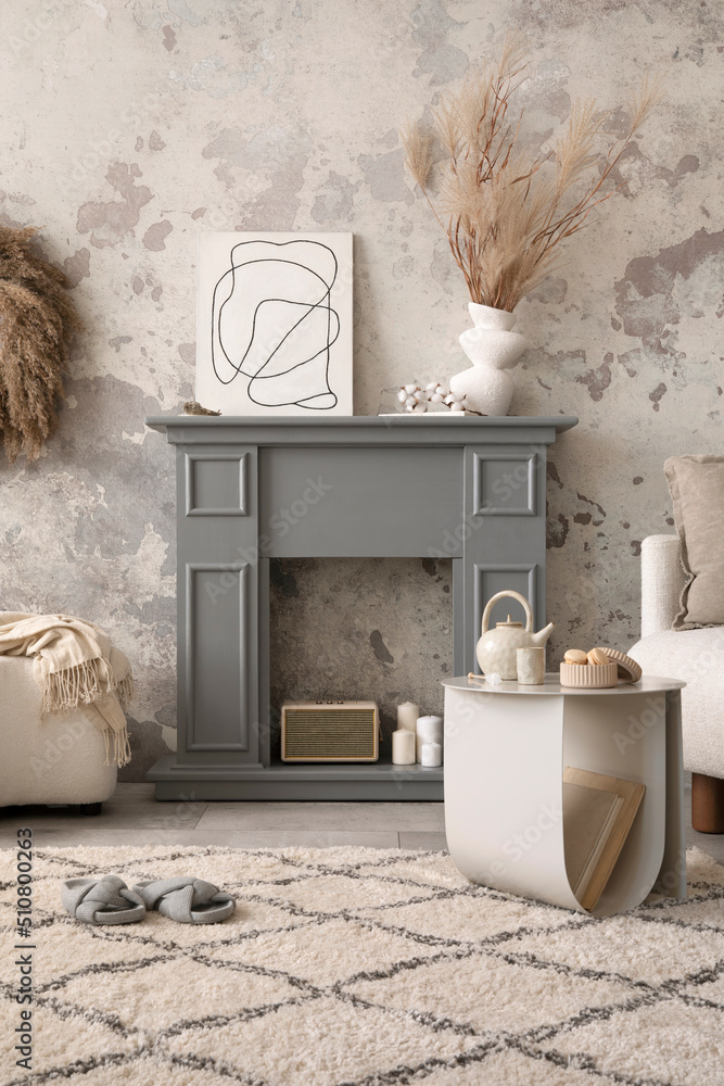 The stylish living room interior with grey fireplace white