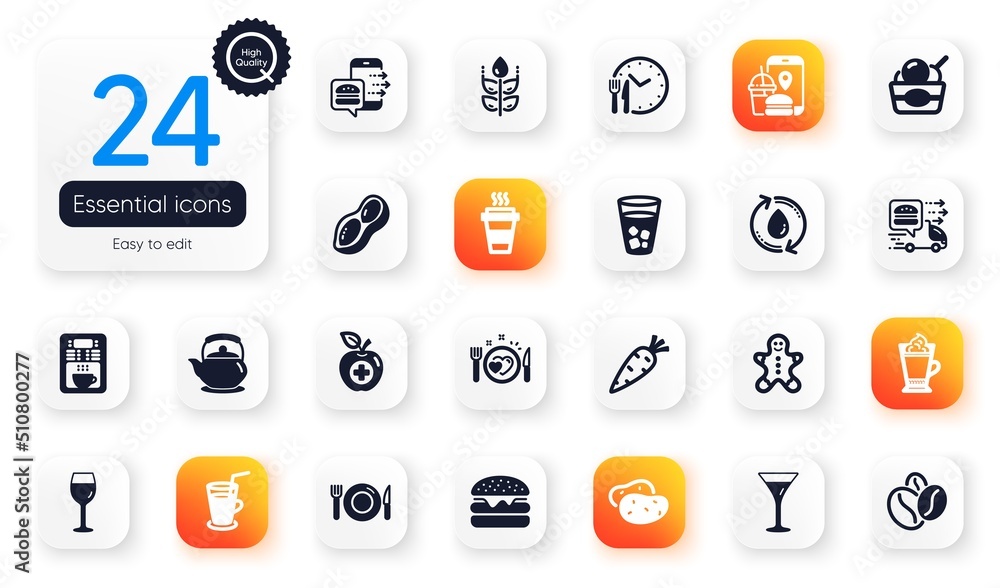 Set of Food and drink flat icons. Food delivery, Peanut and Wine glass elements for web application. Carrot, Burger, Teapot icons. Cocktail, Food, Gingerbread man elements. Potato. Vector Set of Food and drink flat icons. Food delivery, Peanut and Wine glass elements for web application. Carrot, Burger, Teapot icons. Cocktail, Food, Gingerbread man elements. Potato. Vector