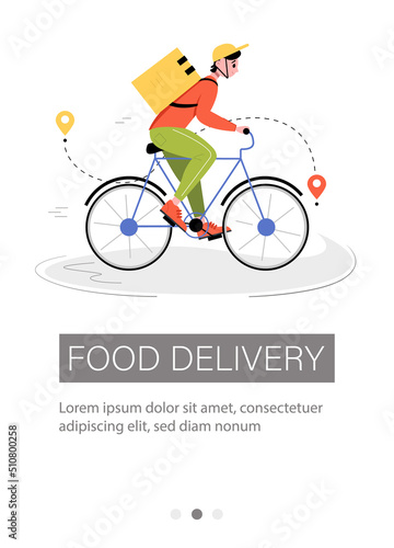 Flyer design for food delivery. Male courier rides a bicycle to an address. Vector illustration for poster, banner, advertisement, app.