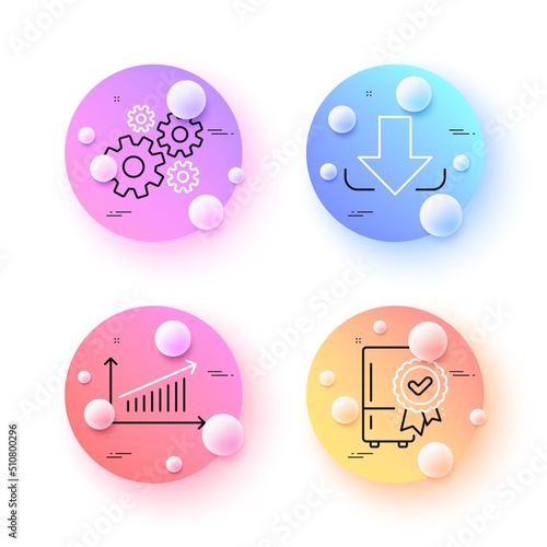 Chart, Cogwheel and Download minimal line icons. 3d spheres or balls buttons. Certified refrigerator icons. For web, application, printing. Presentation chart, Engineering tool, Load file. Vector