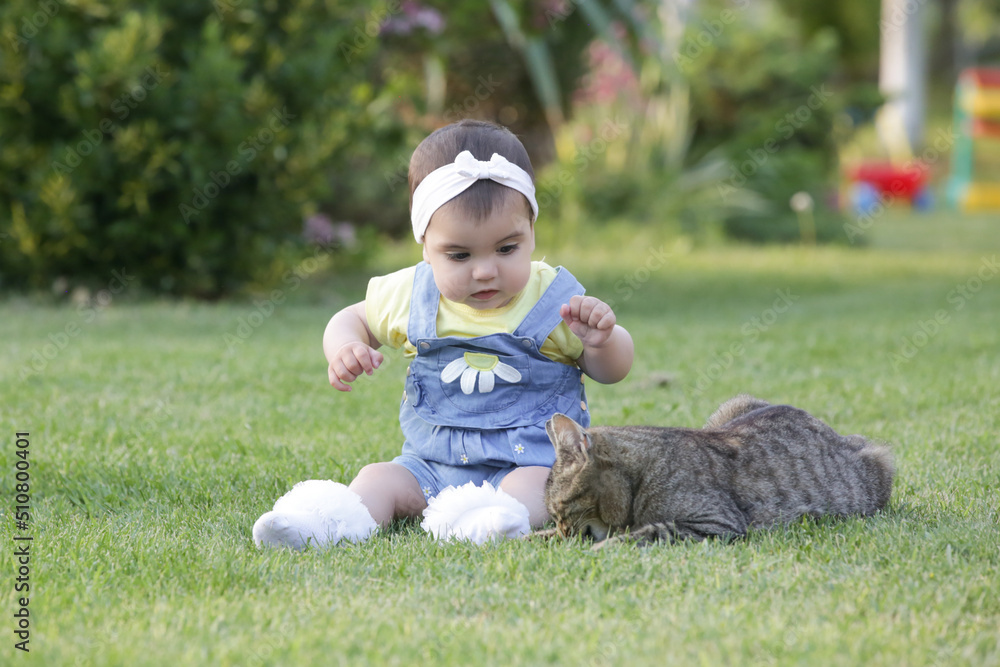 Portrait of cute baby girl with cat. Children and domestic animals concept. Portrait of cute baby girl with cat. Children and domestic animals concept.