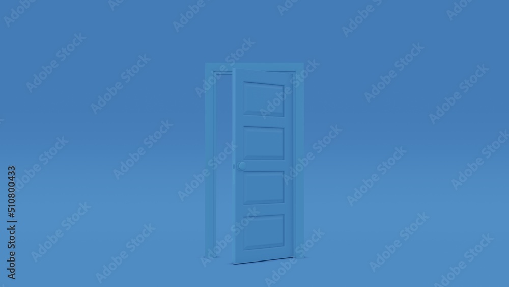 3d rendering, yellow light going through the opening double door isolated on blue background. Architectural design element. Modern minimal concept. Opportunity metaphor