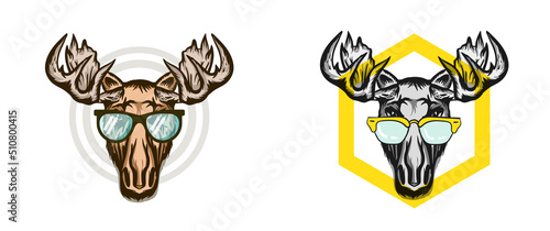 Set of Elk head with Sunglasses. Moose stylish head. Wild animal. Hunting logo. Tattoo tribal style..