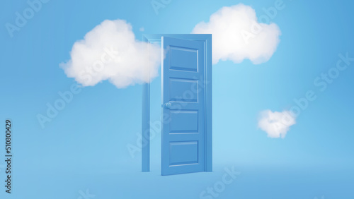 3d render  white fluffy clouds going through  flying out  open door  objects isolated on blue background. Door to haven abstract metaphor  modern minimal concept. Surreal dream scene