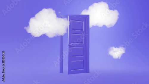 3d render  white fluffy clouds going through  flying out  open door  objects isolated on blue background. Door to haven abstract metaphor  modern minimal concept. Surreal dream scene